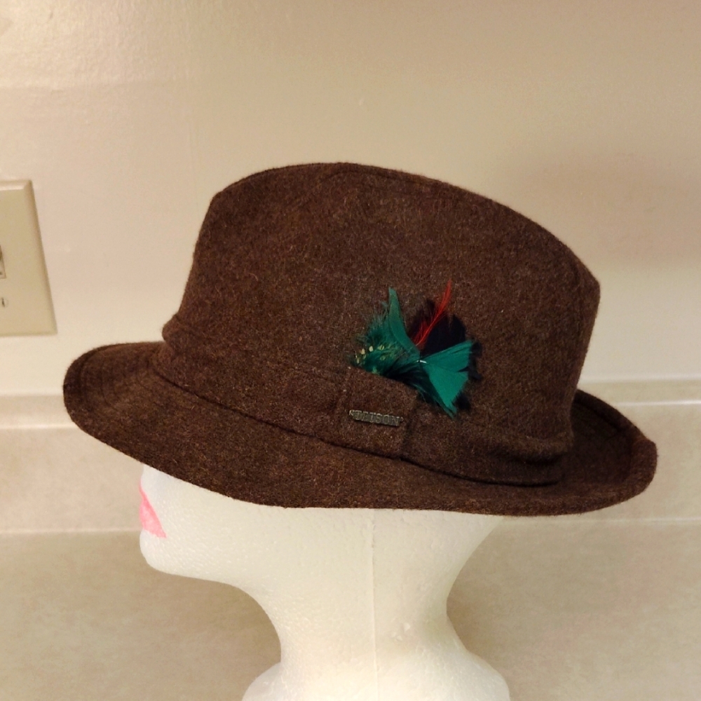 Stetson Brown Fedora with Green and Red Feather